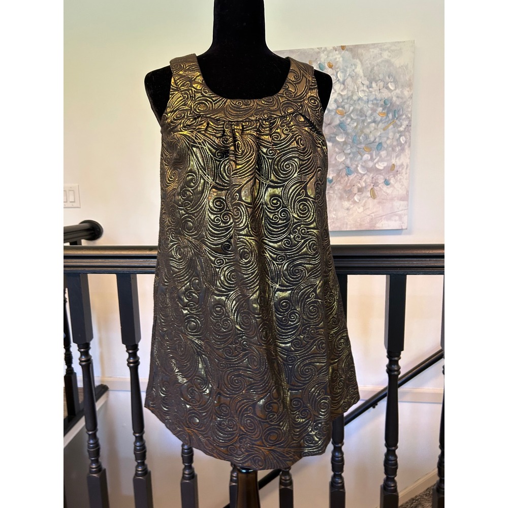 Renee C. Gold Black Metallic Swirl Jacquard Sleeveless Shift‎ Mini Dress Small